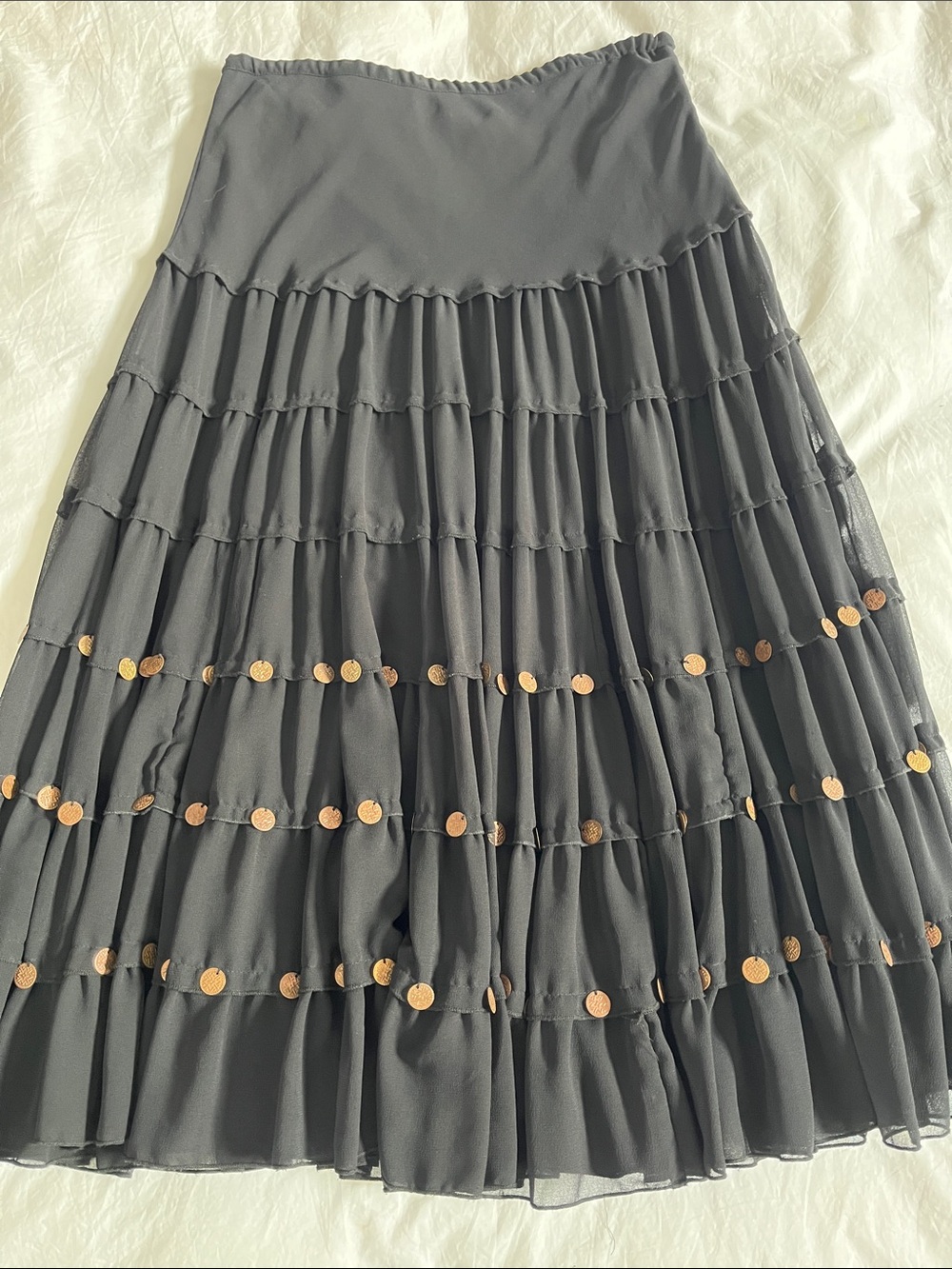 KAK TUS vintage Y2K black tiered flowy bronze coin skirt layered look unique